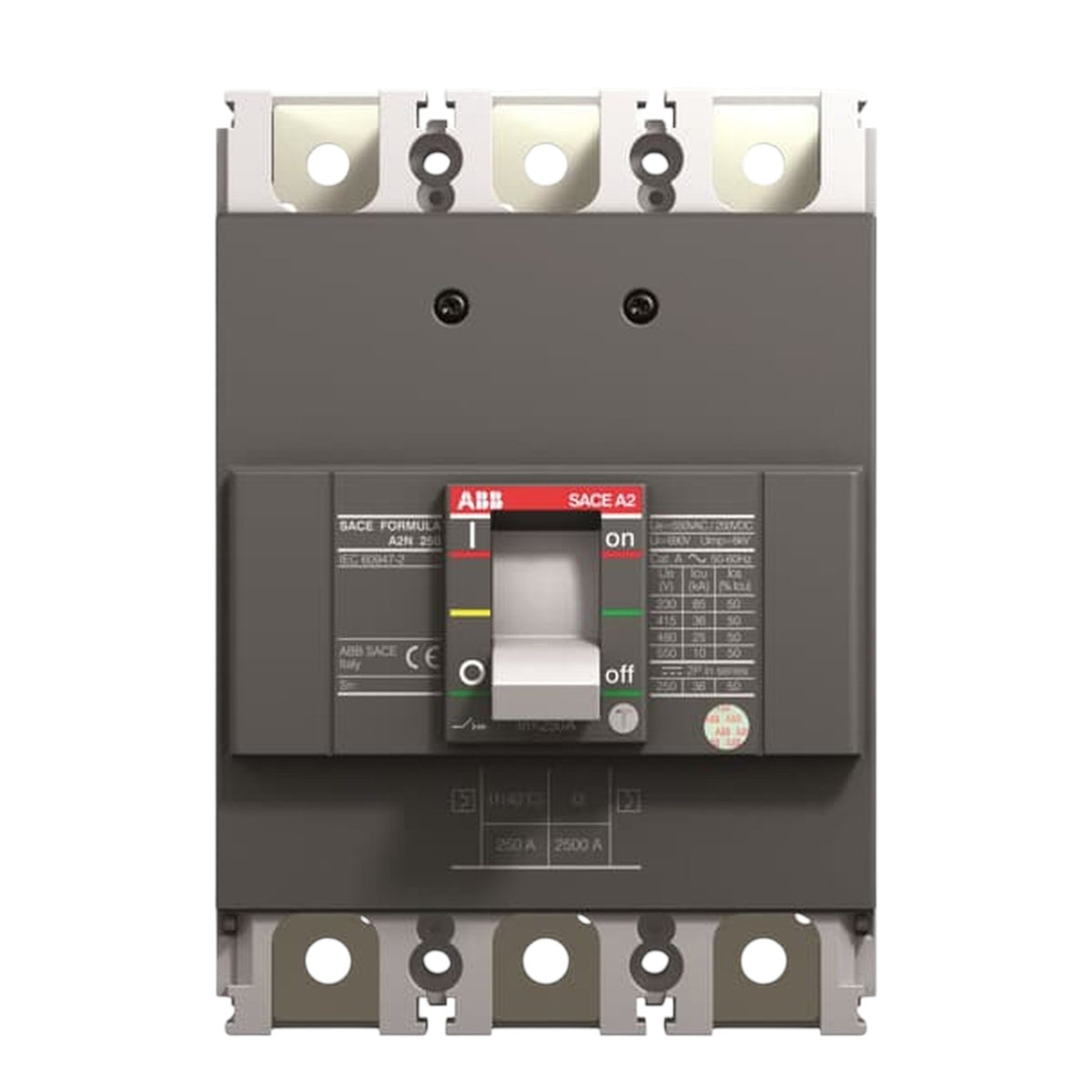 ABB SACE-A2 circuit breaker with a dark gray housing, silver metal terminals, and a central switch handle showing the on/off position.