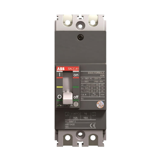 ABB SACE-A1 AC/DC 3-pole circuit breaker with a dark gray front panel, silver metal terminals, and a white switch handle, shown on a plain white background.