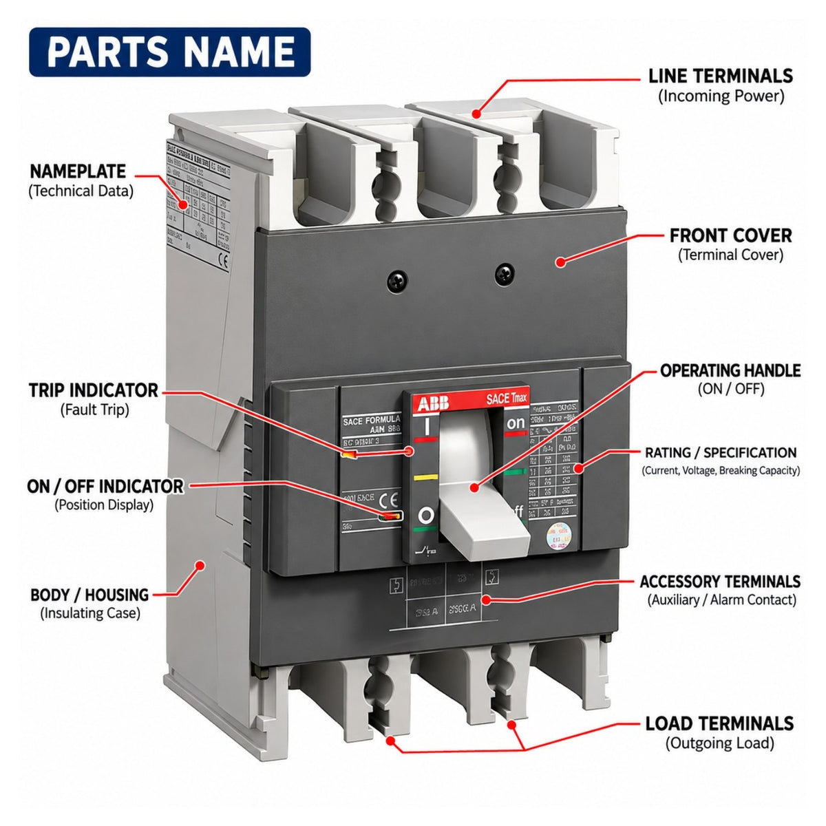 ABB SLAC 230A Tri Pole Circuit Breaker with detailed callouts and labels pointing to various parts such as nameplate, trip indicator, operating handle, and load terminals on a white background.