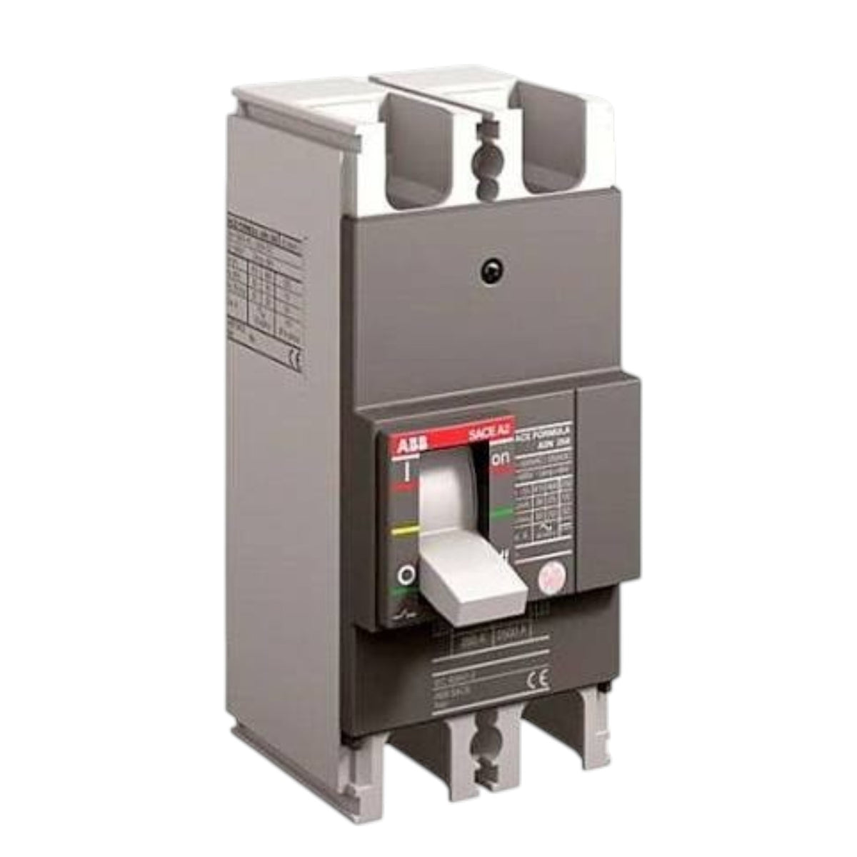 ABB SMW-AC 3100 AC circuit breaker with a gray housing, white plastic components, and a red and black control panel on the front, isolated on a white background.