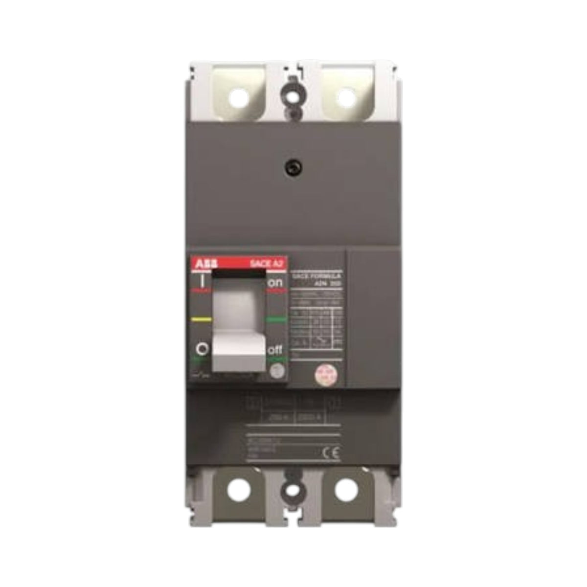 ABB SACE-A2 AC circuit breaker with a dark gray housing, white terminal blocks, and a front switch handle showing on and off positions.