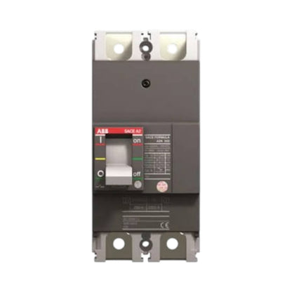 ABB SACE-A2 AC circuit breaker with a dark gray housing, white terminal blocks, and a front switch handle showing on and off positions.