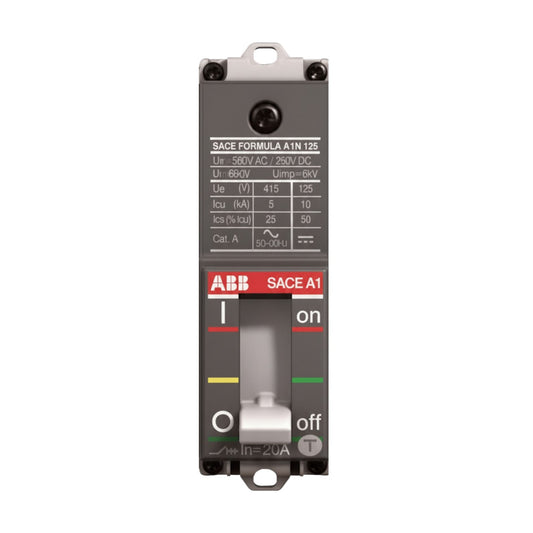 ABB SACE Formula A TN 125 circuit breaker with a dark gray metal housing, featuring a red and white front label, a central switch handle, and technical specifications printed on the upper section.