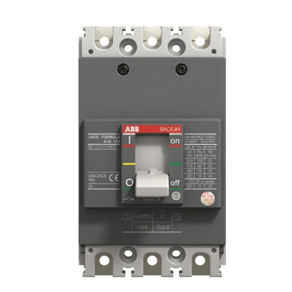 ABB SACE-A1 circuit breaker with a dark gray housing, silver metal terminals, and a central switch handle showing the on/off position.