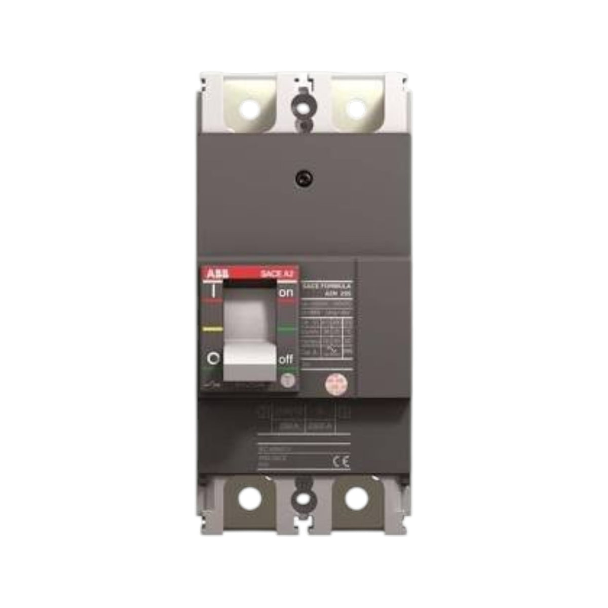 ABB SICE A2 circuit breaker with a dark gray housing, featuring a front-mounted switch with 'on' and 'off' positions, terminal blocks at the top and bottom, and a red ABB logo on the front.