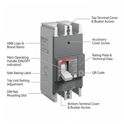 ABB circuit breaker diagram with labeled callouts pointing to parts such as the top terminal cover, main operating handle, side rating label, QR code, and bottom terminal cover on a white background.