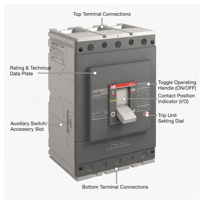 A labeled technical diagram of a large industrial circuit breaker, showing labeled callouts for top terminal connections, auxiliary switch slot, rating and technical data plate, bottom terminal connections, toggle operating handle, contact position indicator, trip unit setting dial, and top terminal connections.