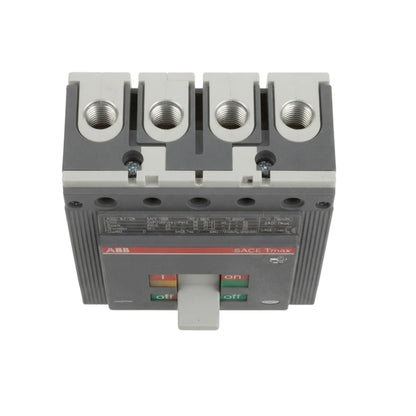 An ABB SACE-Twin 3-pole circuit breaker with a gray plastic housing, three silver terminal blocks on top, and a front handle with red and green on/off switches, shown on a white background.