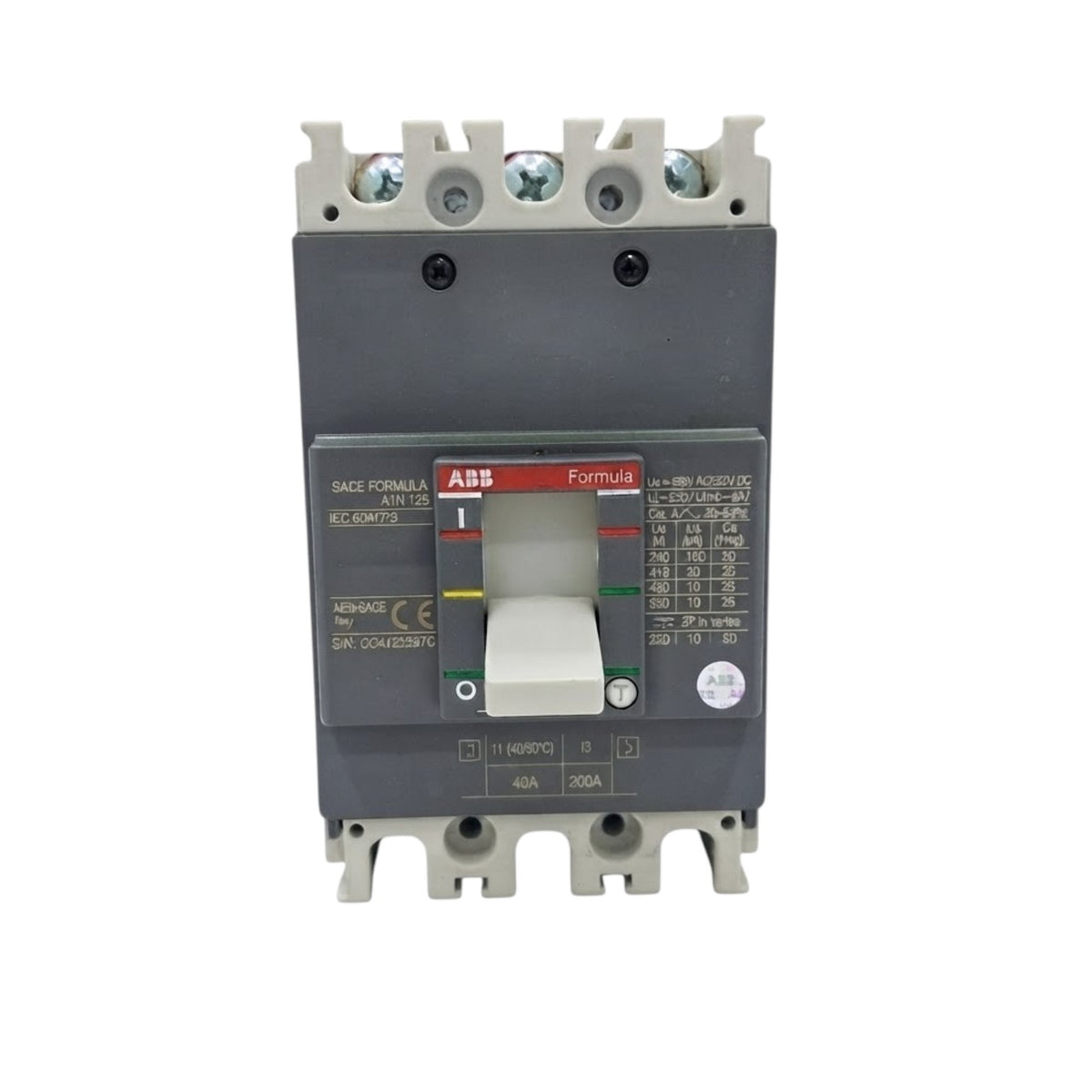 An ABB Formula 3200 circuit breaker, model RC60F/2, featuring a dark gray plastic housing, a white and gray handle, and light gray terminal blocks at the top and bottom, shown against a plain white background.