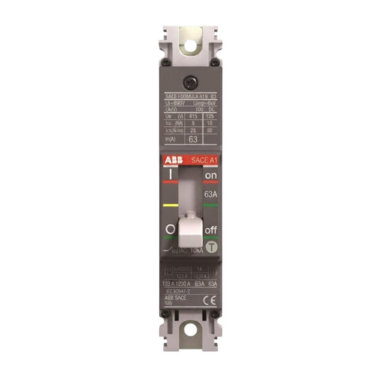 ABB SACE-A1 63A circuit breaker with a dark gray plastic housing, white terminal blocks, and a white central switch, shown on a plain white background.