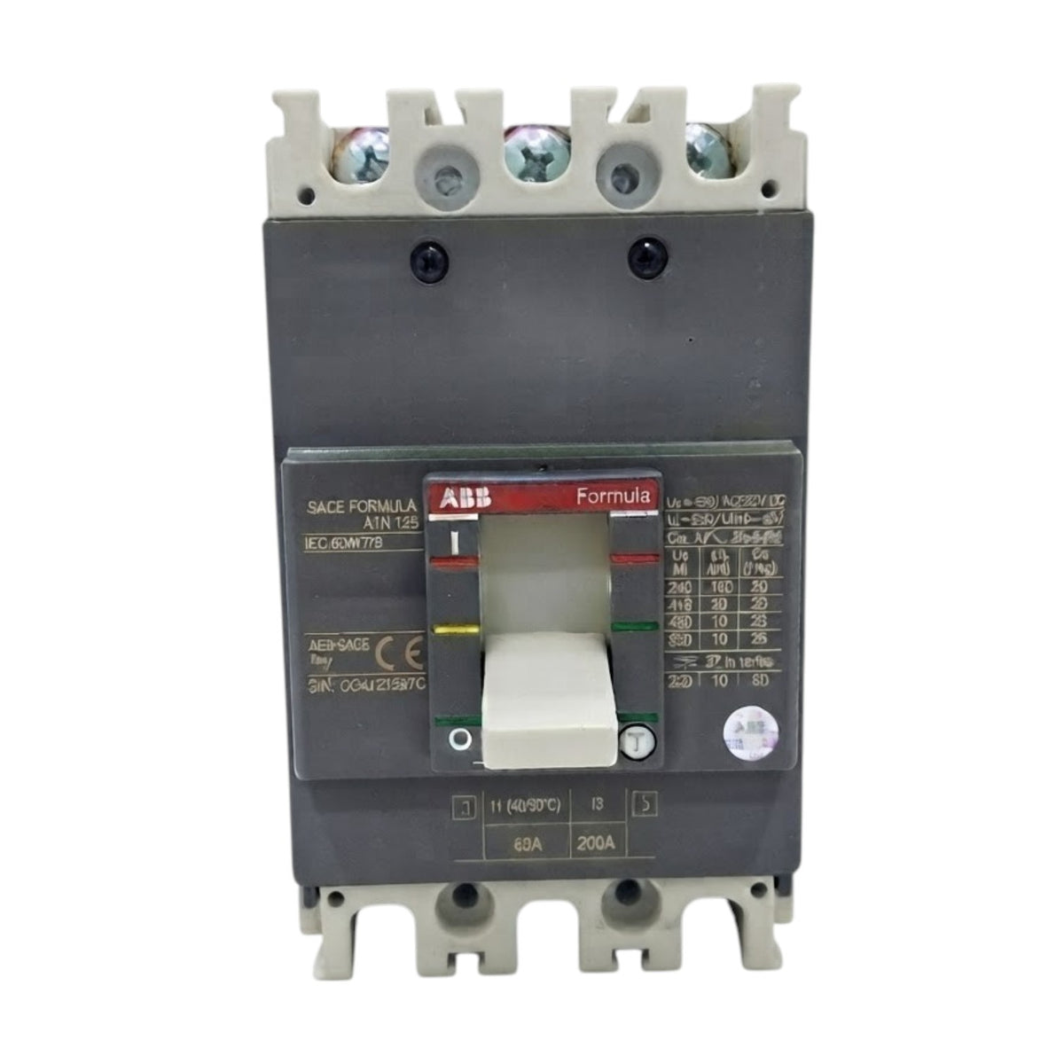 ABB SACE FORMULA circuit breaker model AWR-63M70, 65A 200A, 380V, with a dark gray plastic housing, white terminal caps, and a white pull handle with a red and green front switch panel.