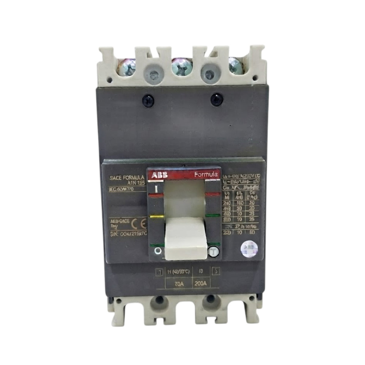 ABB Formula AIN 130 circuit breaker, 70A, 3P, 400V AC/DC, featuring a gray plastic housing with white terminal blocks and a white switch handle.