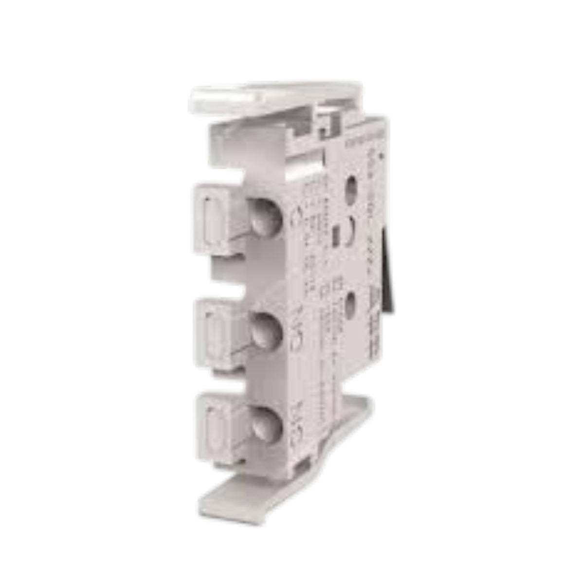A white plastic electrical component, likely a circuit breaker or terminal block, shown from a three-quarter angle on a plain white background.