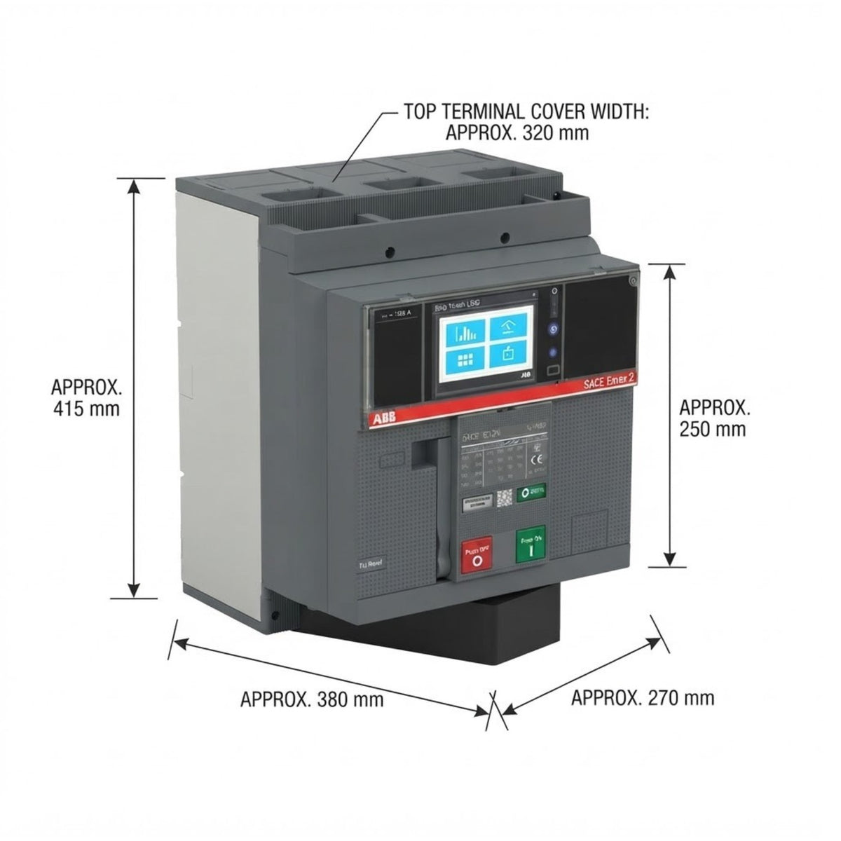 Technical dimension diagram of an ABB ACS 600-240 modular electrical switch, showing measurements for top terminal cover width, height, and base dimensions with arrows and labels on a white background.