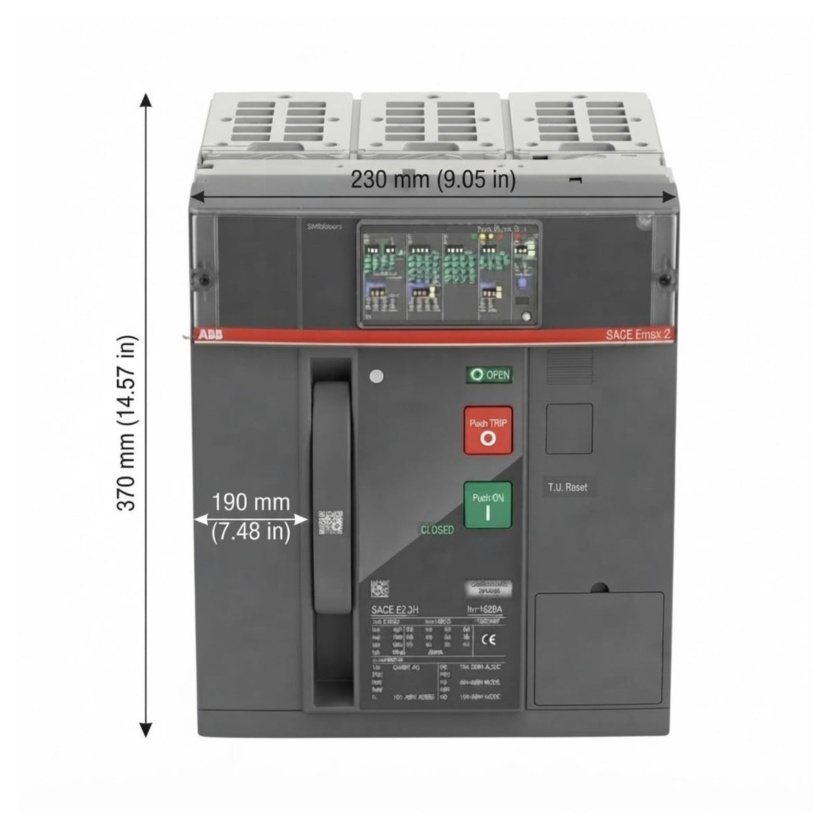A large industrial electrical switchgear unit shown from the front with dimension arrows and labels indicating 370 mm height and 230 mm width on a plain white background.