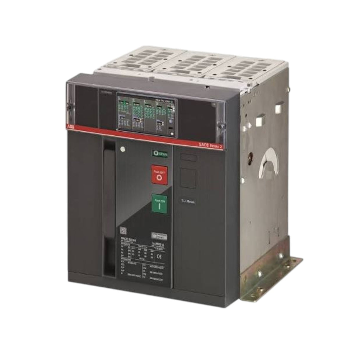 A Schneider Electric SACE TRIO 2 electrical contactor shown on a plain white background. The device features a dark gray front panel with green and red buttons, a digital display, and a metallic gray side housing with mounting brackets.