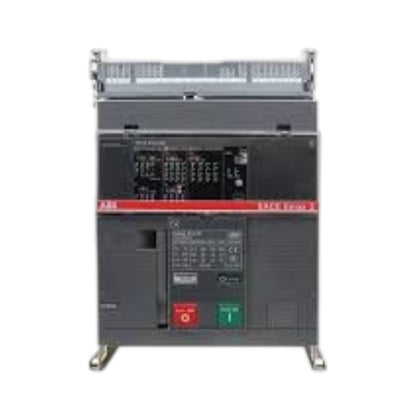 A large industrial electrical switchgear unit, likely a Siemens modular breaker module, featuring a dark gray metal casing with a red accent stripe, a black control panel, and red and green emergency stop buttons.