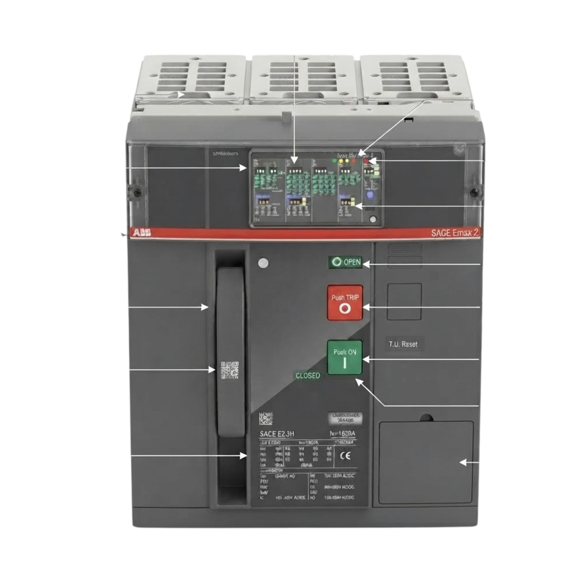 ABB SACE E2-041 modular electrical switchgear unit with front panel details, handguard, and labeled control buttons and indicators.