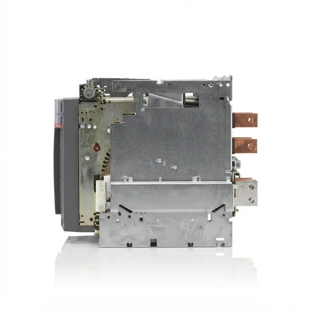 A silver metal electrical component or switch module with copper-colored terminal blocks and a dark gray side panel, photographed on a clean white background with a subtle reflection.