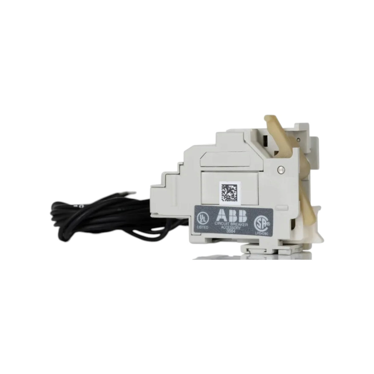 ABB electrical contact module with a black cable attached, featuring a white plastic housing, beige lever, and a black ABB label on a white background.