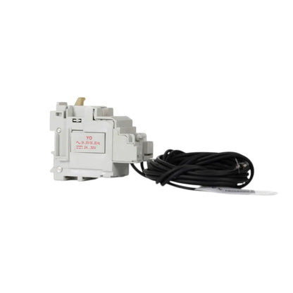 A white plastic electrical component with a black cable attached, photographed on a plain white background.