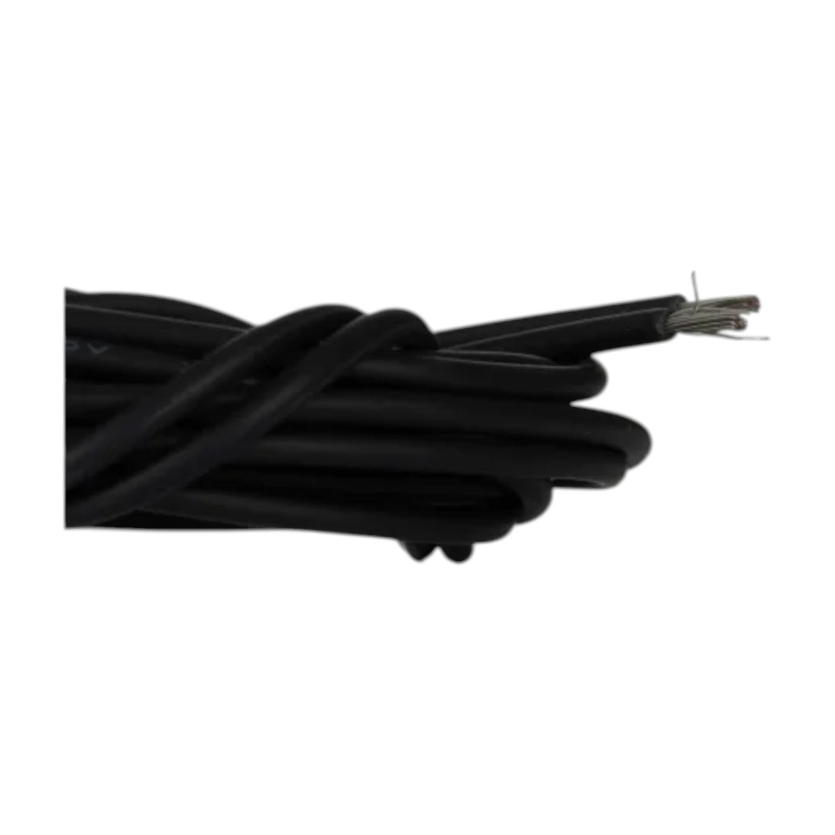 A coiled bundle of black cable or wire with a small exposed metallic core visible on one end, shown against a plain white background.