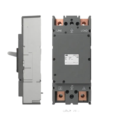 A modular electrical contactor or relay component shown from two angles: a side profile view on the left and a front terminal view on the right, against a plain white background. The main body is dark gray, with copper-colored terminal blocks and a white technical label in the center.