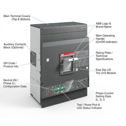 ABB industrial switchgear diagram showing a main terminal cover and auxiliary contacts block with callout lines labeling parts such as the main operating handle, rating plate, and test/reset port on a white background.