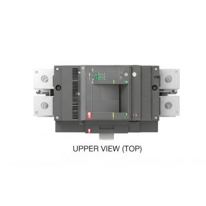 A top-down view of a dark gray electrical circuit breaker with silver metal terminal blocks on both sides, shown against a plain white background with the text 'UPPER VIEW (TOP)' underneath.