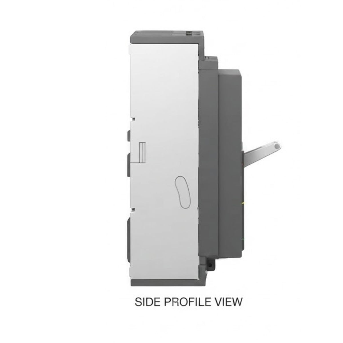 A side profile view of a printer or scanner device, shown in white and gray with a small silver handle on the right side, on a white background with the text 'SIDE PROFILE VIEW' below.