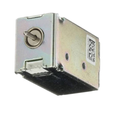 A small rectangular metal electrical component with a silver-toned housing, a round switch or knob on the front, a white connector tab, and a QR code label on the side, shown on a plain white background.