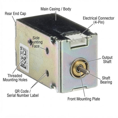A labeled technical diagram of a small metal motor or encoder housing with callouts for rear end cap, main casing/body, electrical connector, side mounting face, threaded mounting holes, QR code / serial number label, output shaft, shaft bearing, and front mounting plate on a white background.
