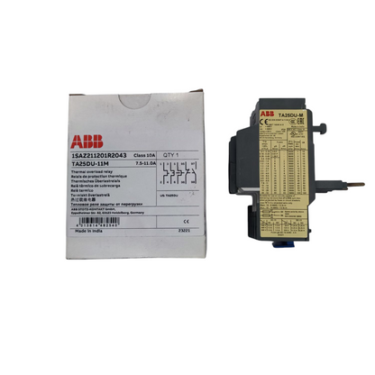 ABB Thermal Overload Relay 7.5-11A with yellow label and white ABB box beside relay unit