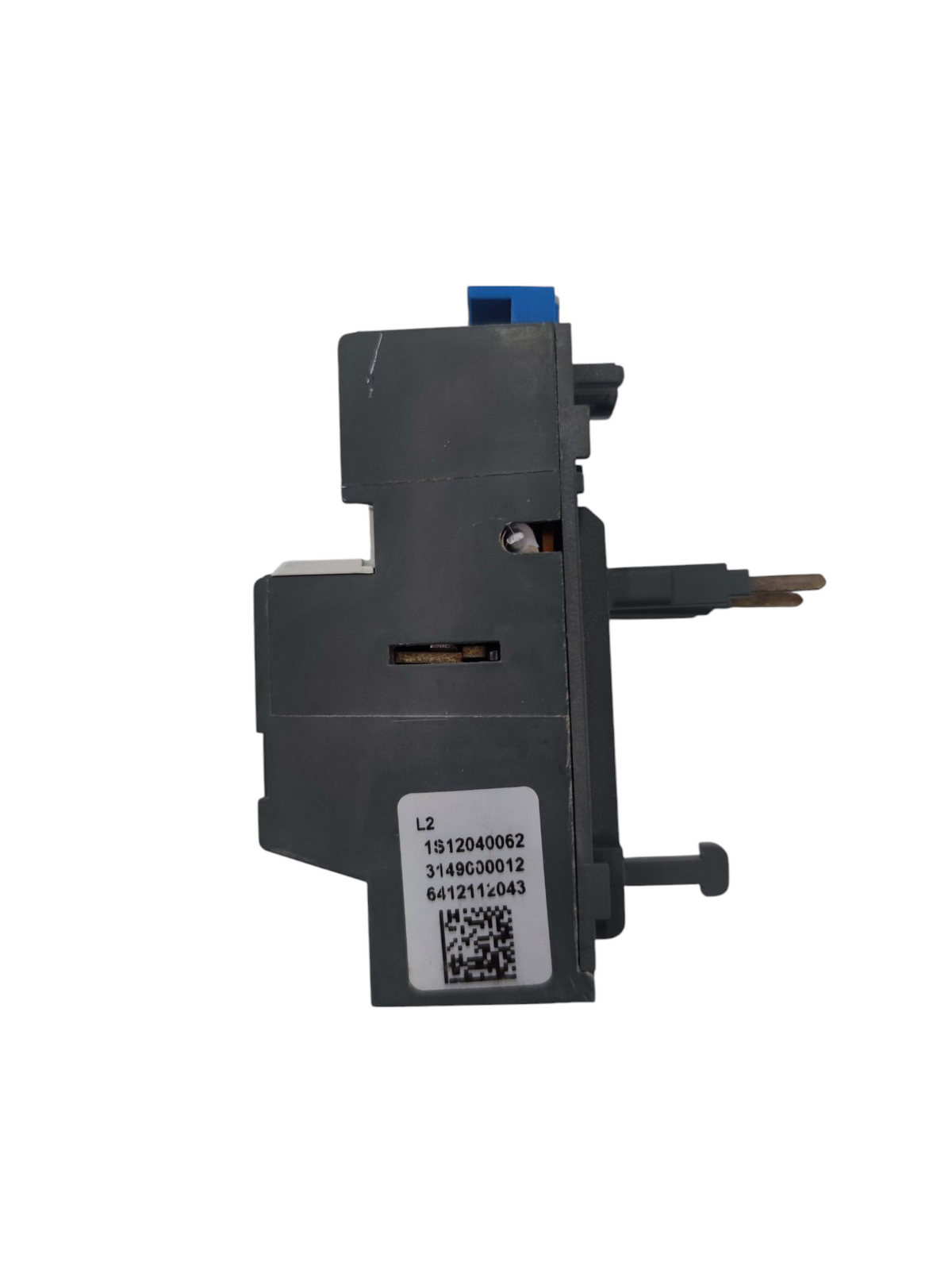 Side view of ABB Thermal Overload Relay 7.5-11A black plastic module with DIN rail clip label and QR code