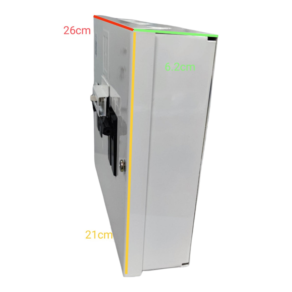 GE and Koten 30A manual transfer switch with dimensions 26cm x 21cm x 6.2cm for electrical installations