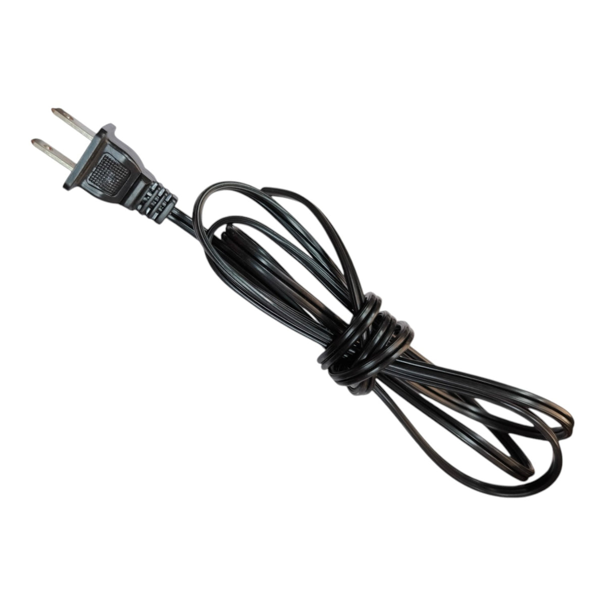 A black two-prong power cord with a coiled cable and a molded plug, isolated on a white background.