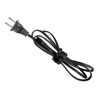 A black two-prong power cord with a coiled cable and a molded plug, isolated on a white background.