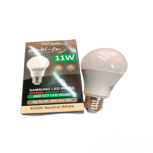 Ambi-fx 11W E27 LED bulb with 4000K neutral white light and long lifespan next to its packaging