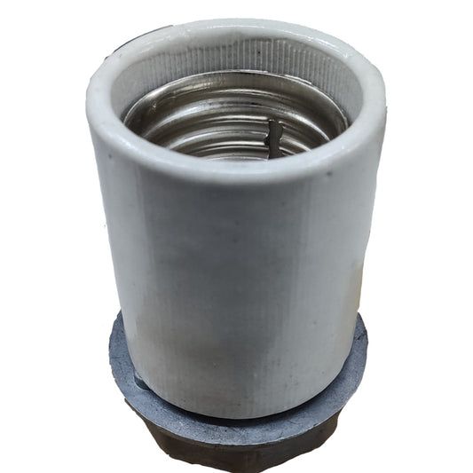 A cylindrical white ceramic or porcelain socket with a threaded interior and a dark gray base ring, shown on a plain white background.