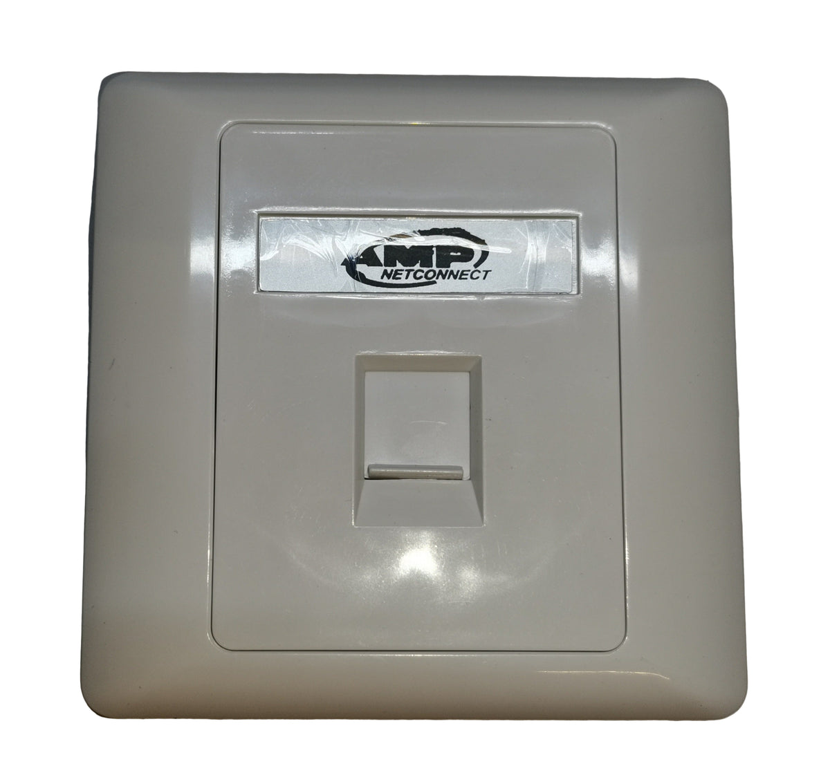 White AMP 1 gang faceplate with single port and AMP Netconnect logo for power points and switches