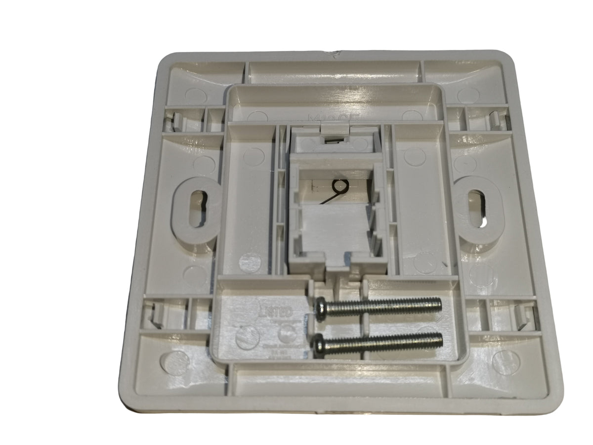 AMP 1 gang faceplate rear view showing mounting screws and inner structure for electrical switches