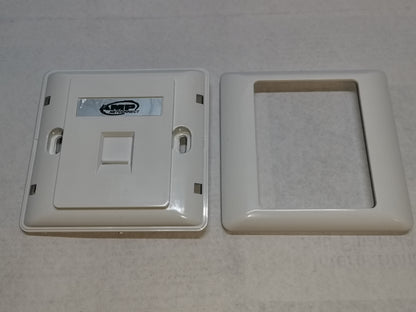 AMP 1 gang faceplate in white plastic with two parts for power points and switches