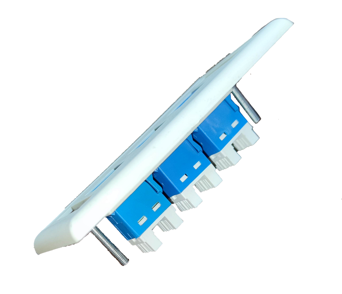 AMP network access point featuring a cat 6 ethernet wall outlet with multiple blue ports for high-speed connectivity