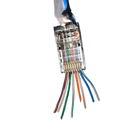 Close-up of a network cable connector with colored wires on a white background