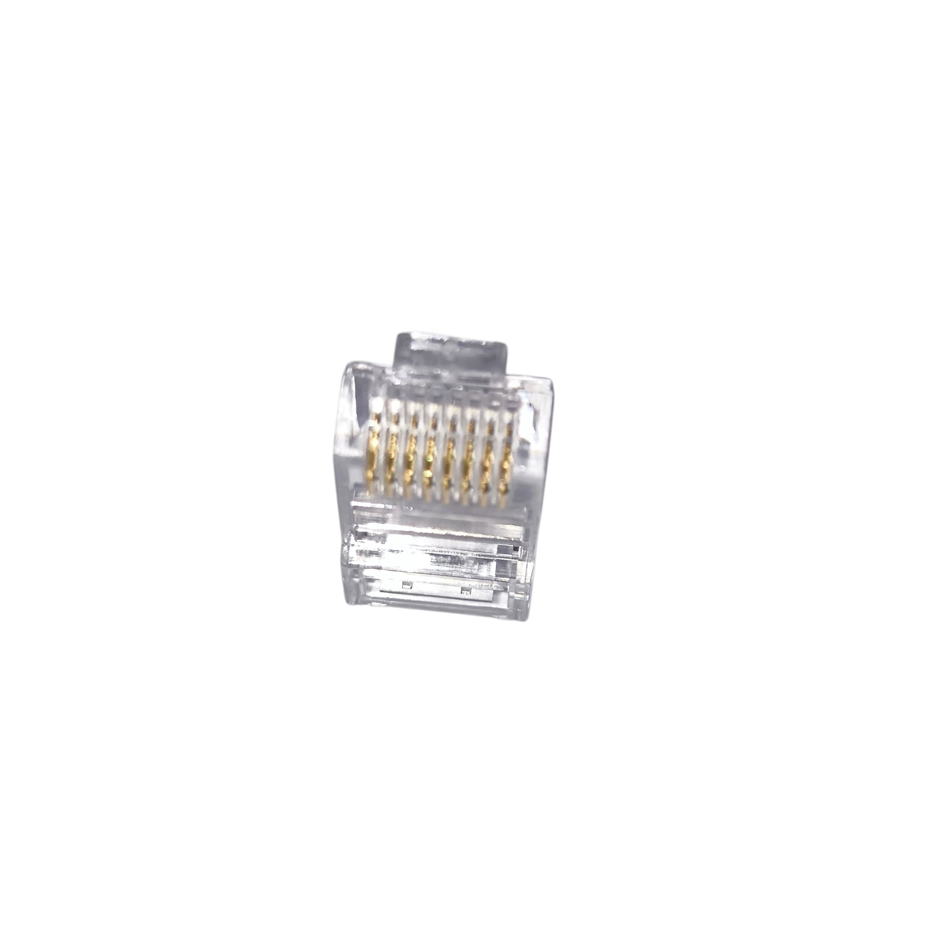 Clear Ethernet connector on a white background