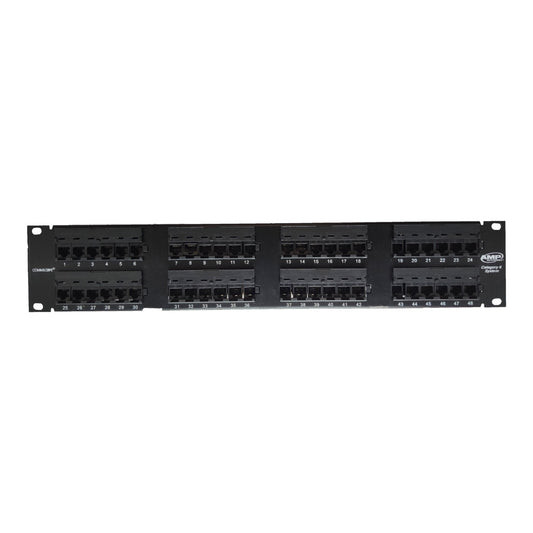 A 48-port network switch in a black metal rack frame, featuring 16 RJ45 ports in two rows of 8 on each of four sections, shown against a plain white background.