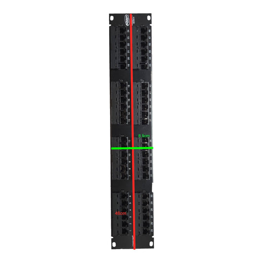 A black 48-port network switch rack module shown vertically on a white background, with red and green measurement lines and text indicating dimensions.