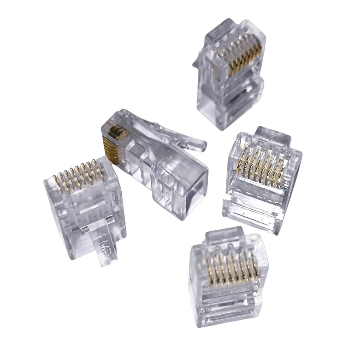 A clear RJ45 Ethernet connector with gold-plated pins, shown at an angle on a white background.