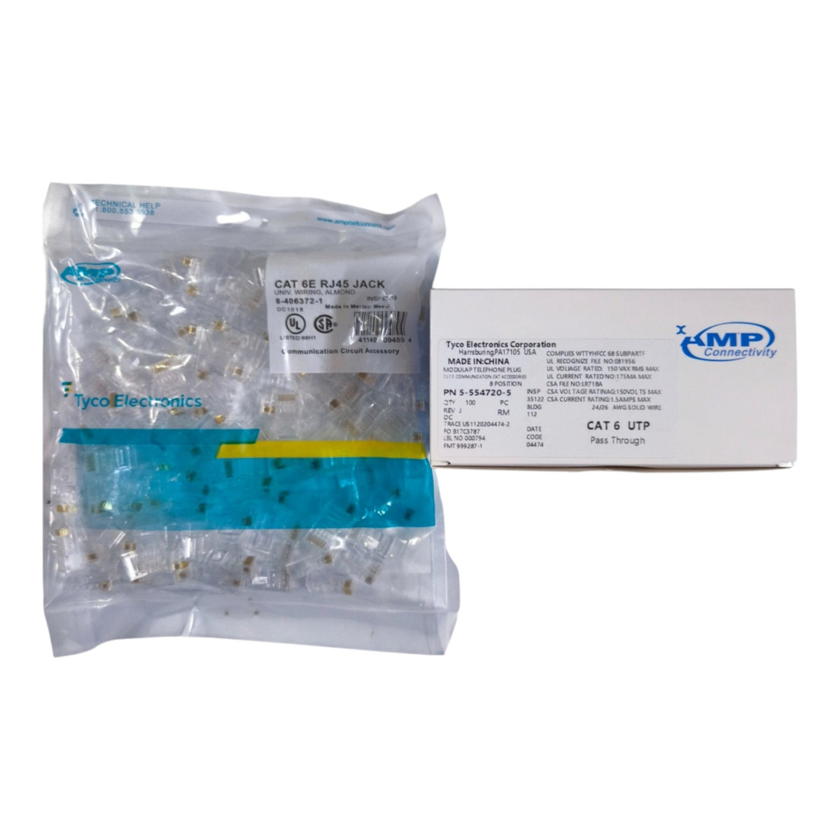 Tyco Electronics CAT 6E RJ45 Jack kit, showing a clear vacuum-sealed bag filled with small gold-plated connectors and a white product box labeled CAT 6 UTP by MP Electronics.