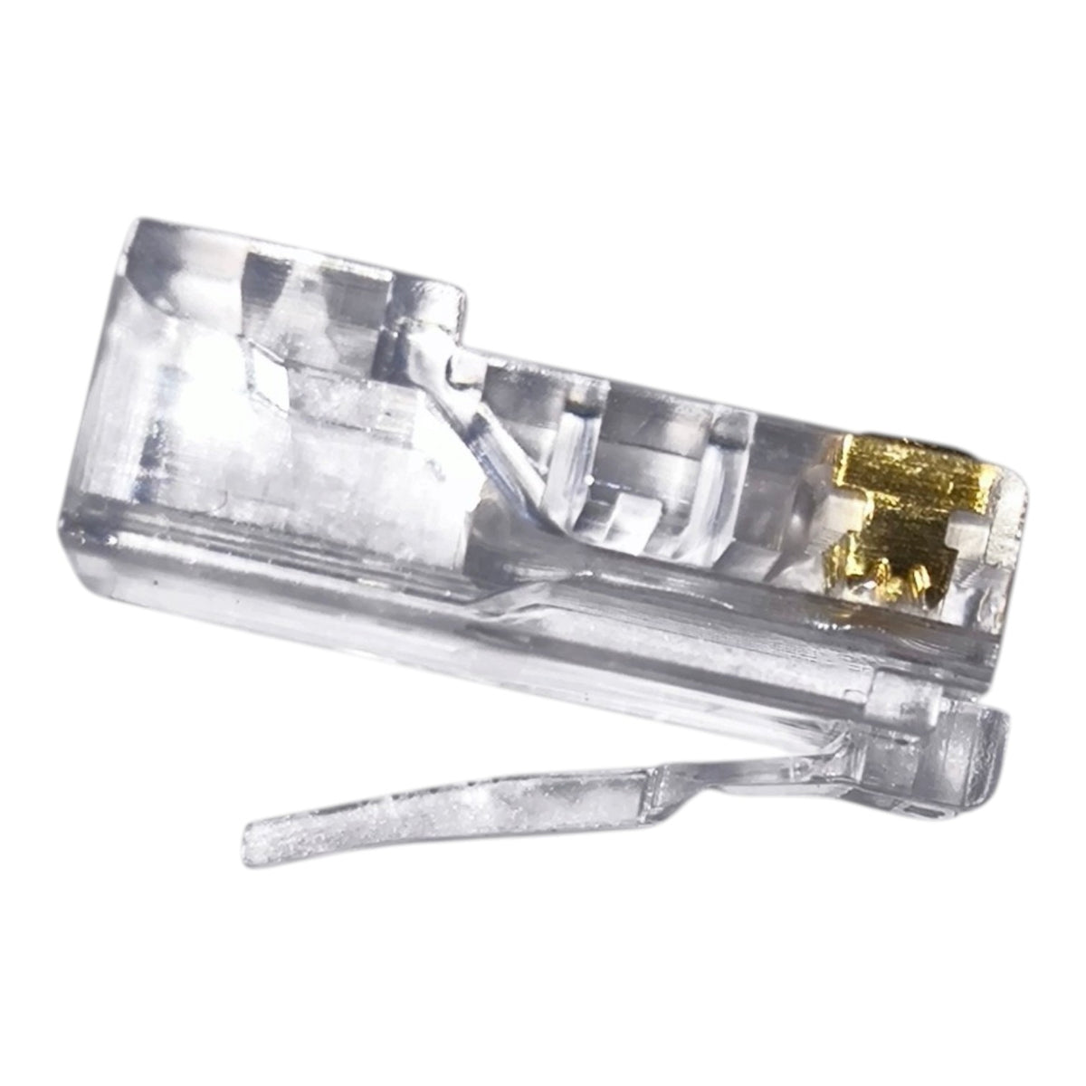 A single RJ45 network connector with a clear plastic housing and gold-plated metal contacts, shown on a plain white background.
